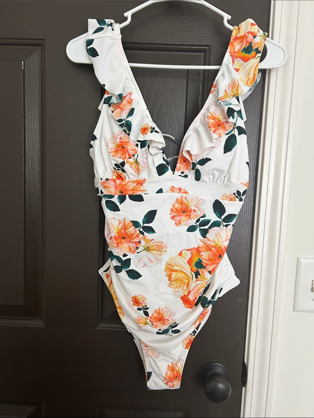 Cupshe White One-Piece Swimsuit with Orange and Yellow Rose Print